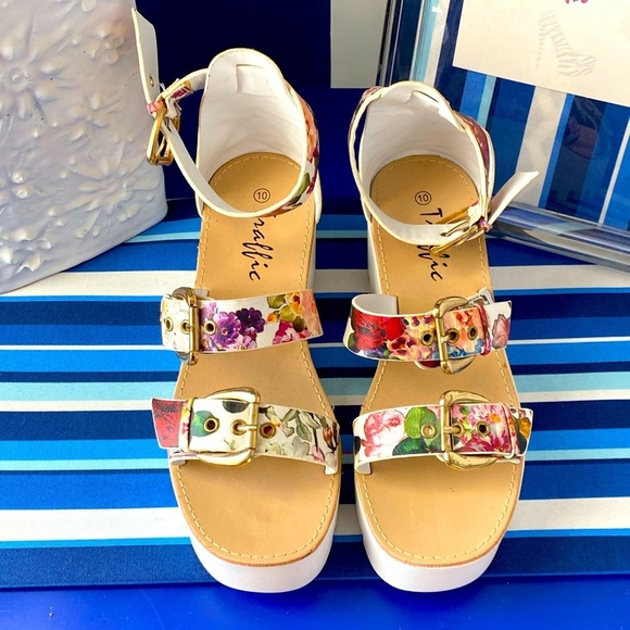 Floral strappy platform flatform buckled ankle strap summer sandals sz 10 - Picture 11 of 12
